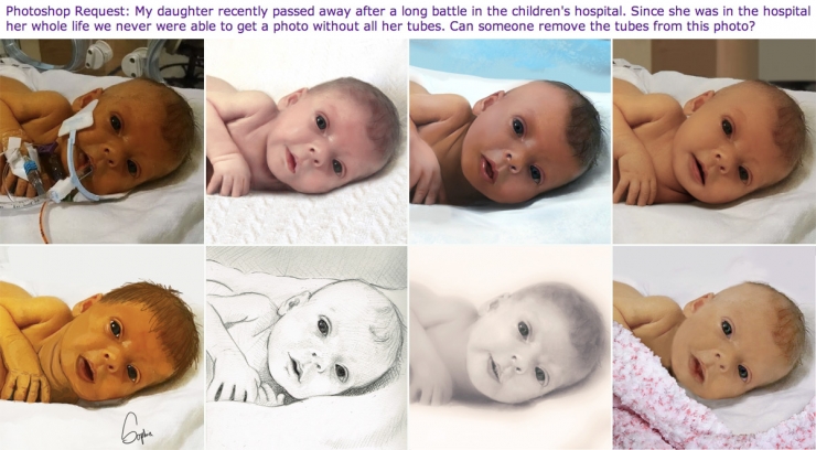 Illustration de l'article : His daughter had just died and he asked internet users who have mastered Photoshop to remove the medical tubes from her photo. The results will make you burst into tears.