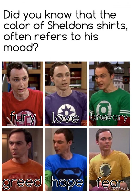 Illustration de l'article : Did you know that the color of Sheldon's shirts often refers to his mood?