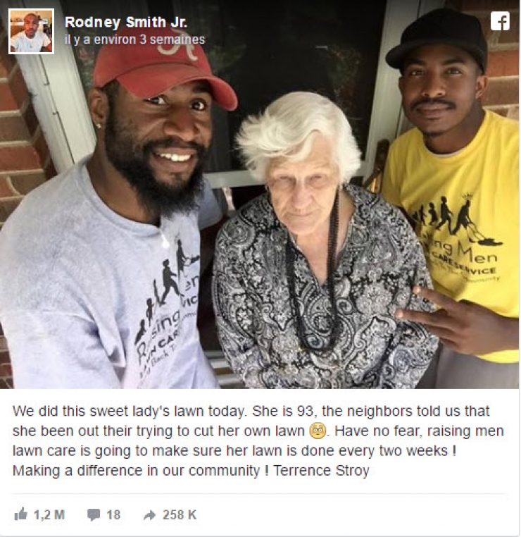 Illustration de l'article : Seeing their 93-year old neighbor struggle to mow her lawn, here’s what these two guys did for her: