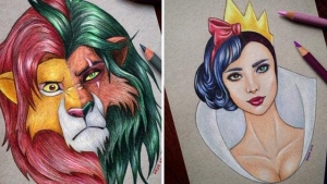 Illustration : "10 Disney portraits where the heroes and villains merge into one!"